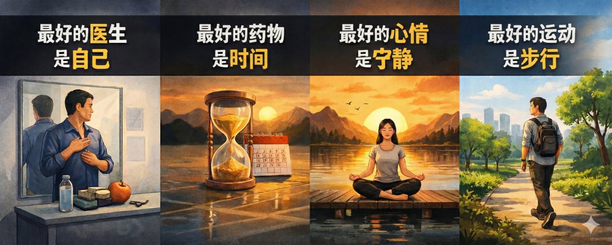 最好的医生是自己，最好的药物是时间，最好的心情是宁静，最好的运动是步行！